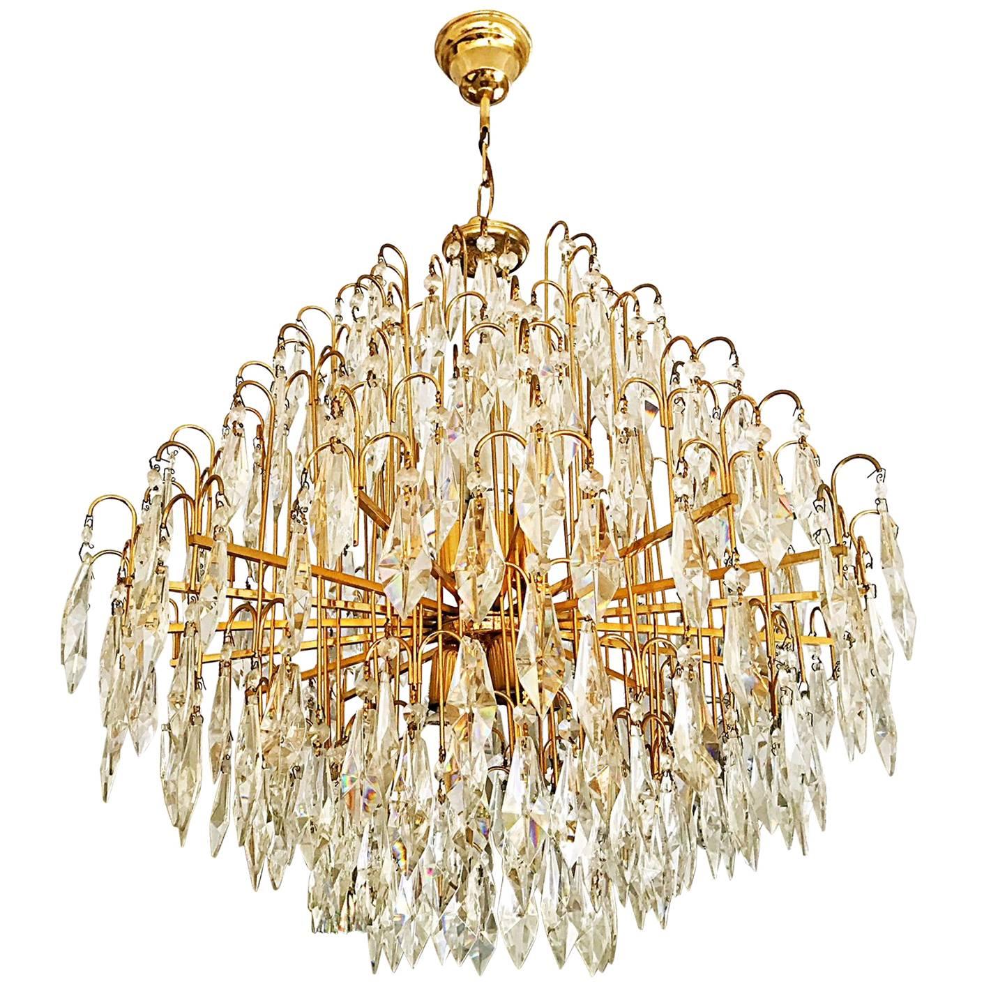 Italian murano cut crystal chandelier Brass frame gold-plated fitted , 1970