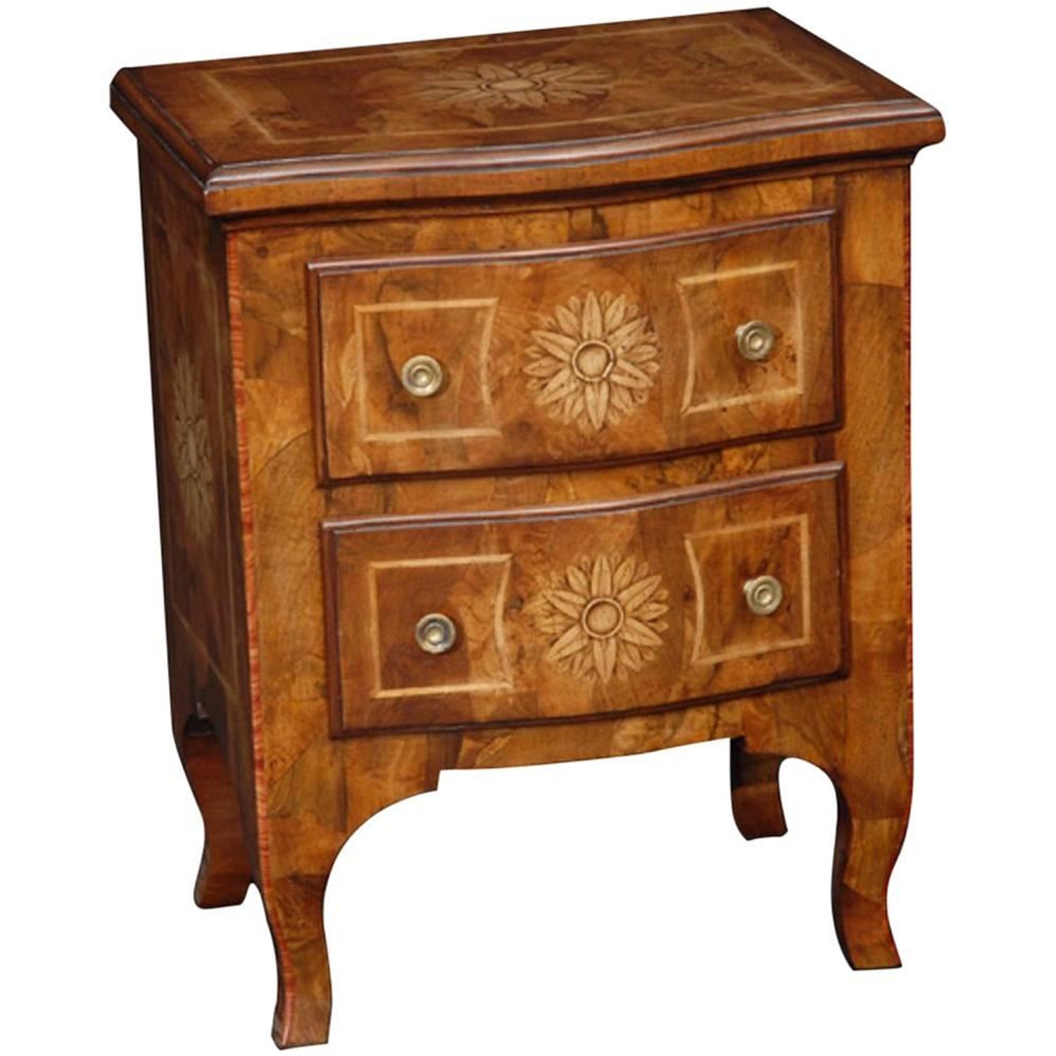 Pair Of Shaped Walnut Nightstands In Oysterwood And Maple Inlay