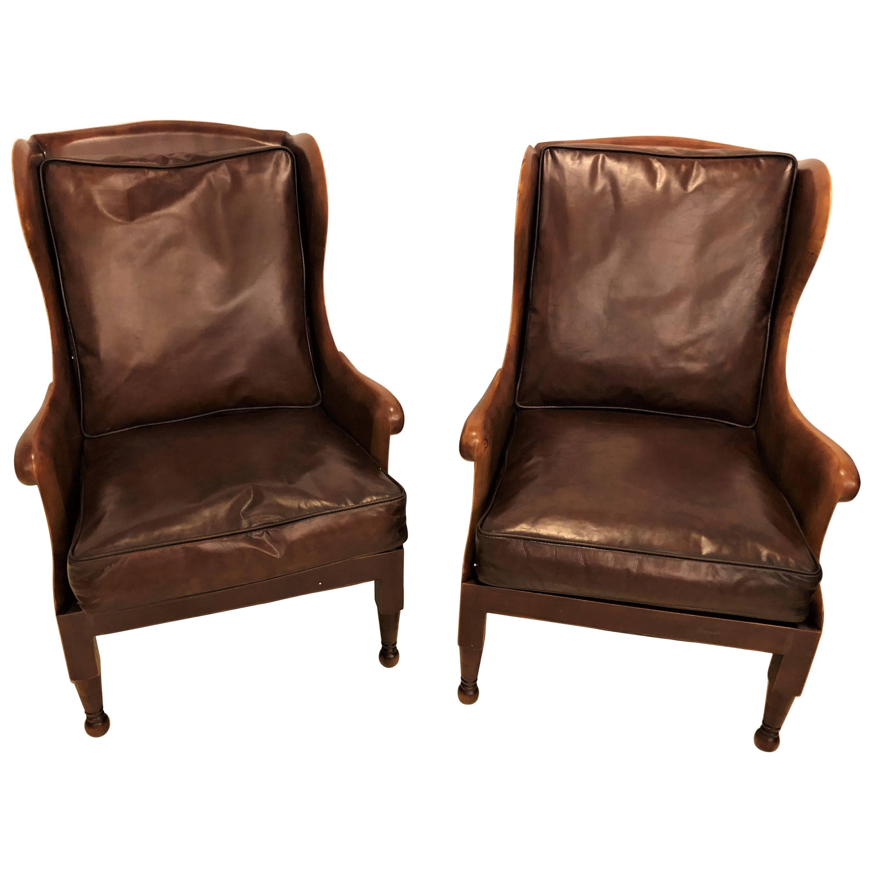Pair of Fine Leather Lounge or Bergere Wingback Chairs