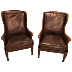 Retro Pair of Fine Leather Lounge or Bergere Wingback Chairs