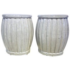 Pair of Large Ceramic Garden Seats, Hand Thrown, Gray Blue Glaze Finish