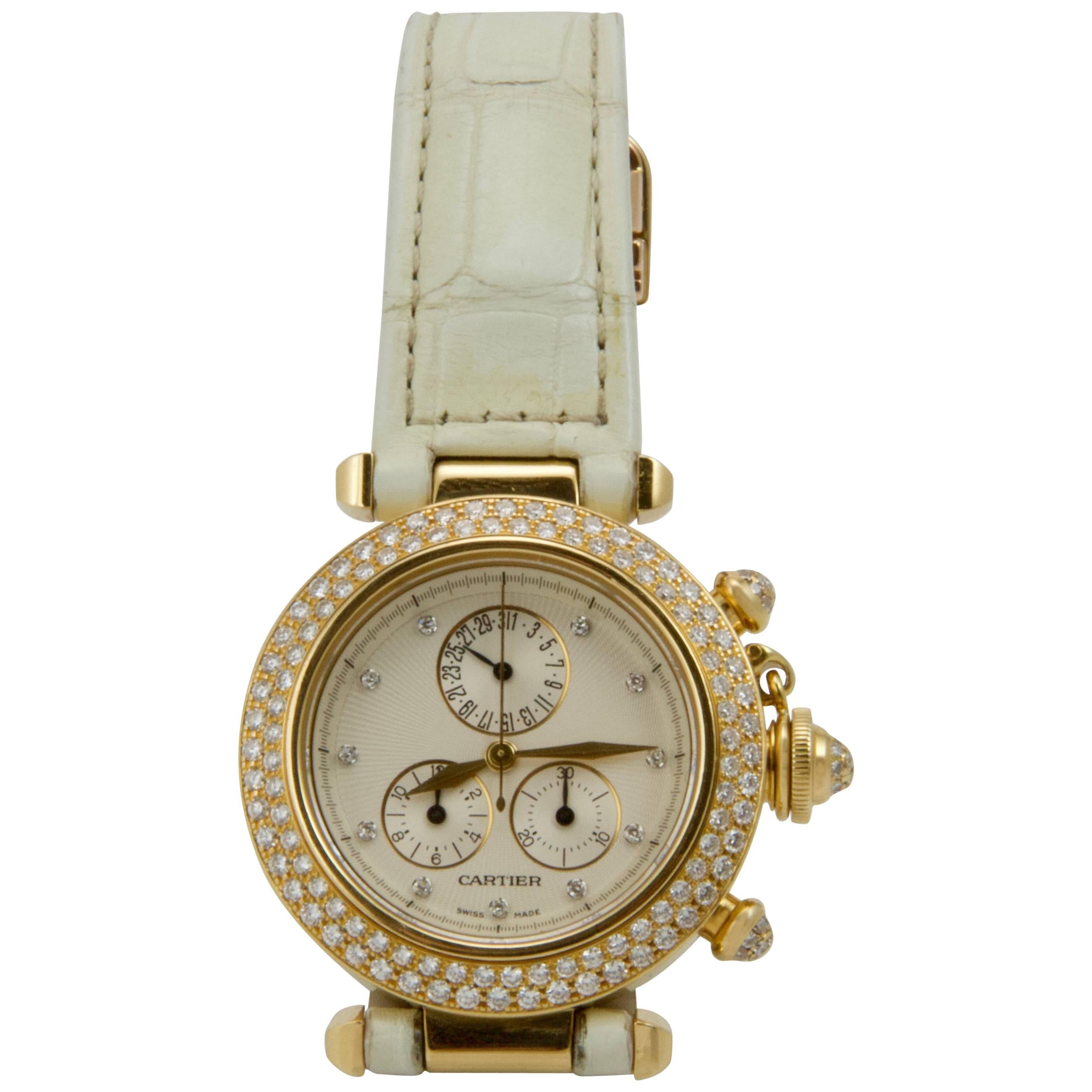 Cartier Yellow Gold Diamond Pasha Chronograph Quartz Wristwatch Ref 1354/1 For Sale