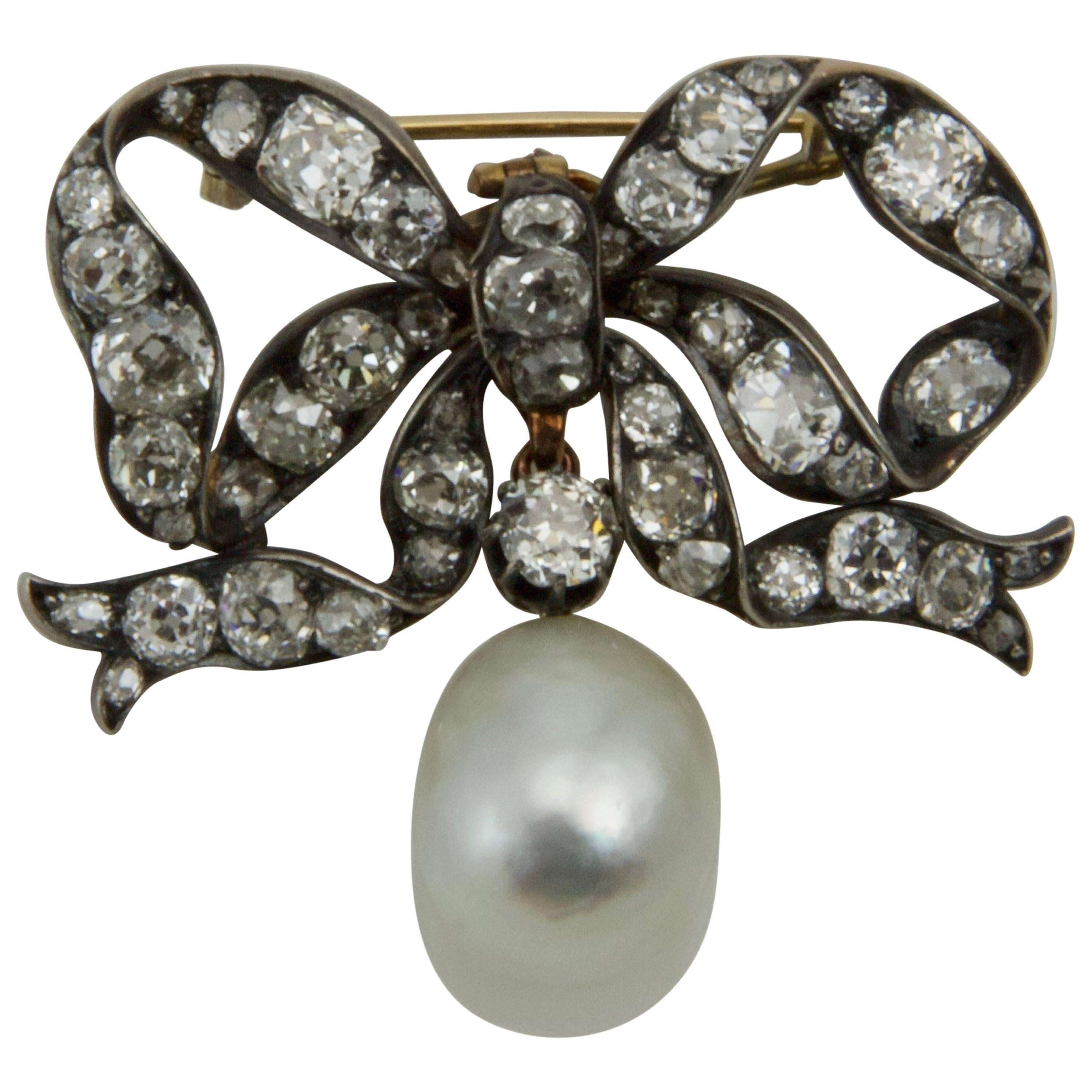19th Century Cultured Pearl and Diamond Bow-Brooch