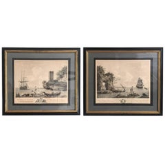 1800s Antique French Hand-Tinted Nautical Engravings, Pair
