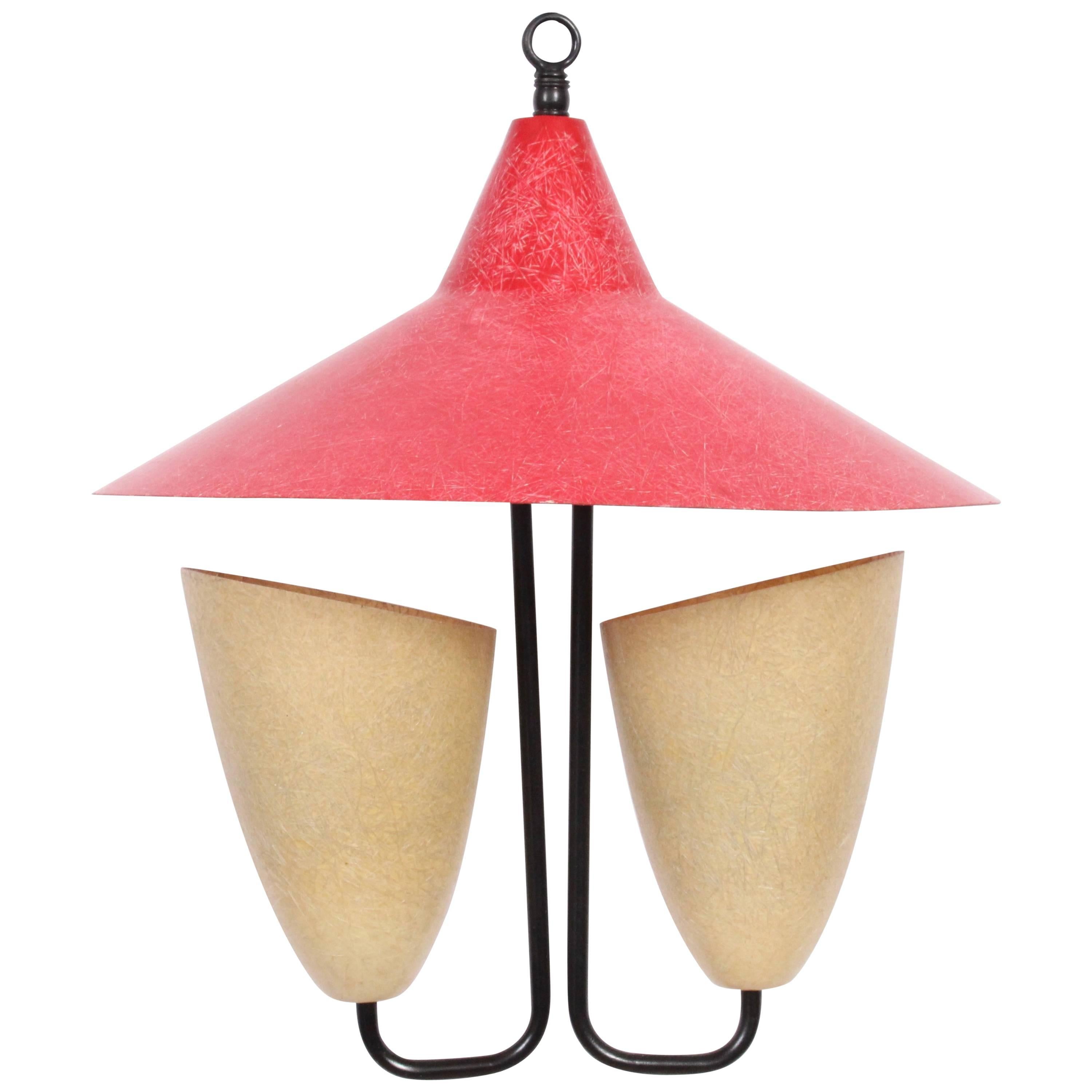 Kurt Versen Style Cream Double Cone Hanging Lamp with Red Fiberglass Hat For Sale