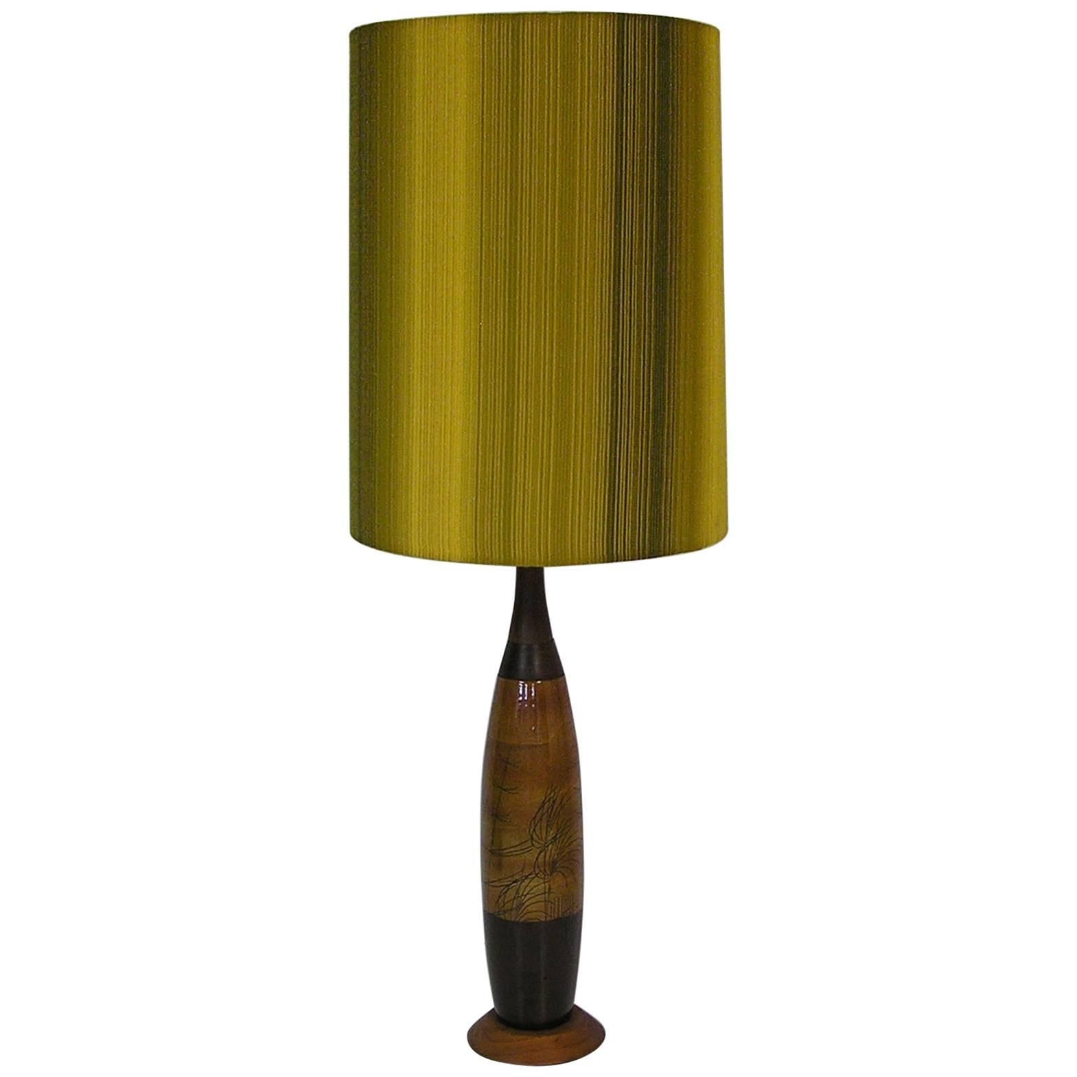 1960s Hand-Painted Ceramic & Teak Table Lamp