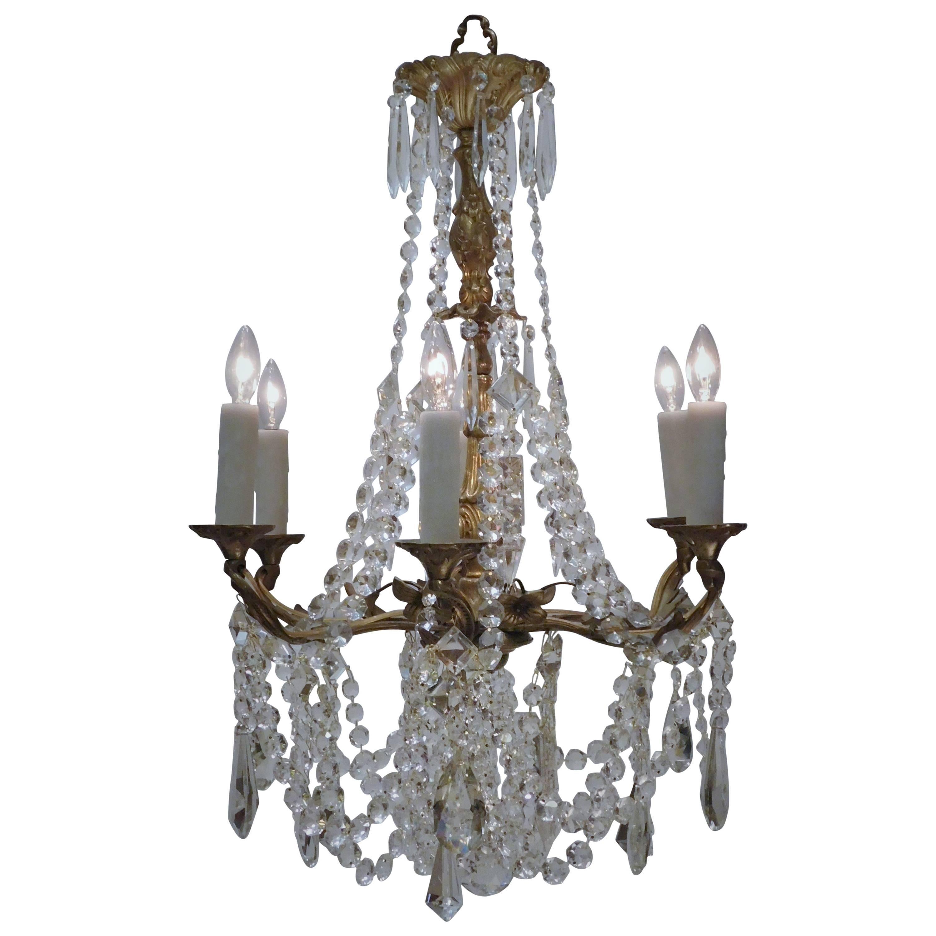 Louis XV Style Gilt Brass and Crystal Six-Light Chandelier, Sweden, Circa:1935