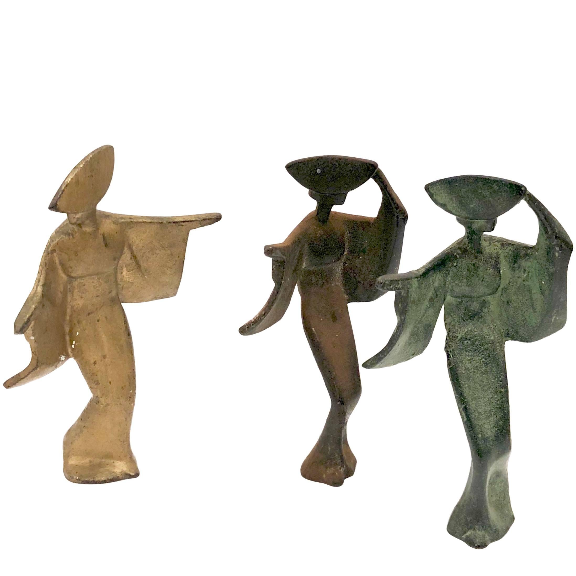 Set of Three Midcentury Patinated Metals Japanese Dancing Geishas Sculptures