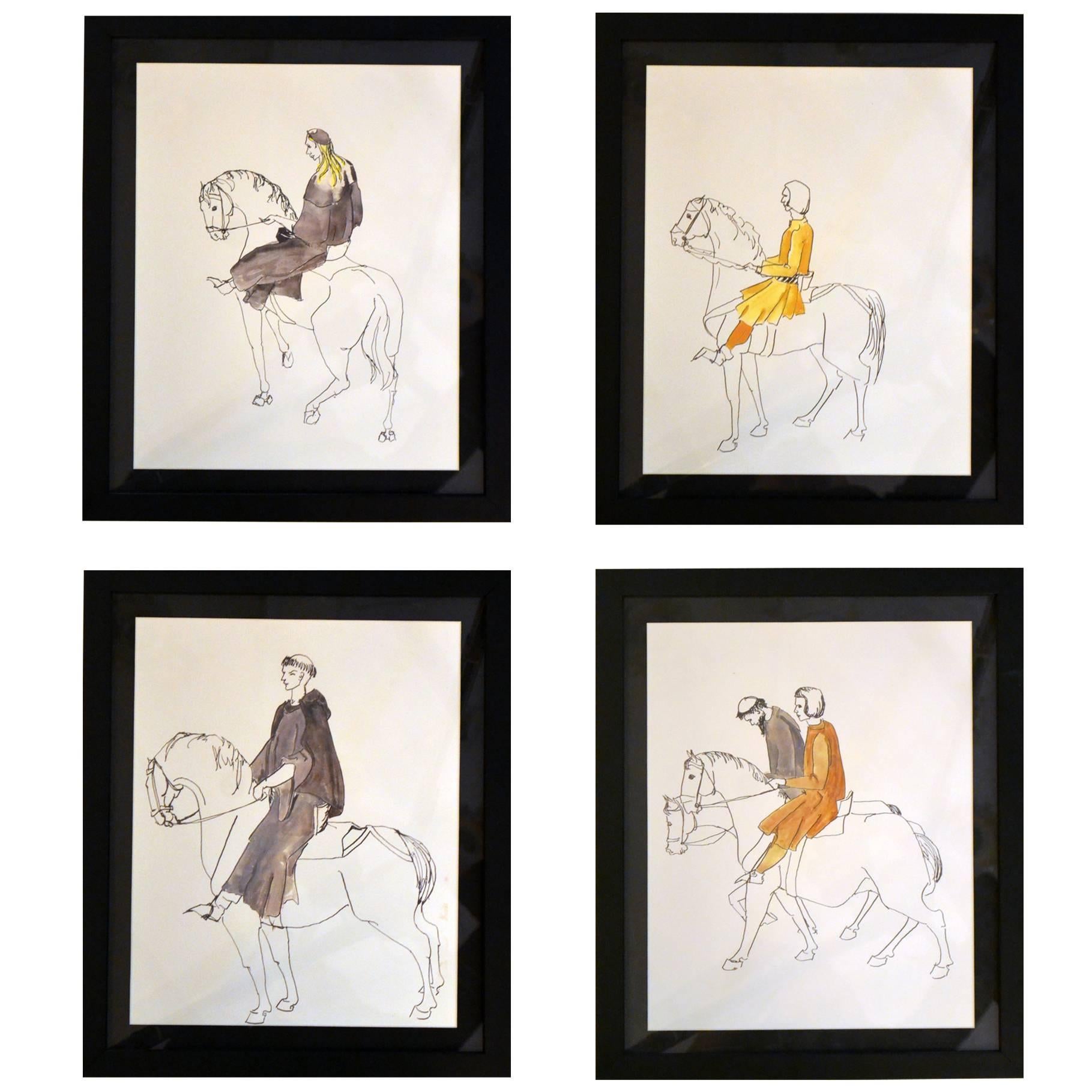 Four Gothic Drawings of Medieval Riders on Horseback from the 'Canterbury Tales'