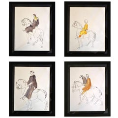 Four Gothic Drawings of Medieval Riders on Horseback from the 'Canterbury Tales'