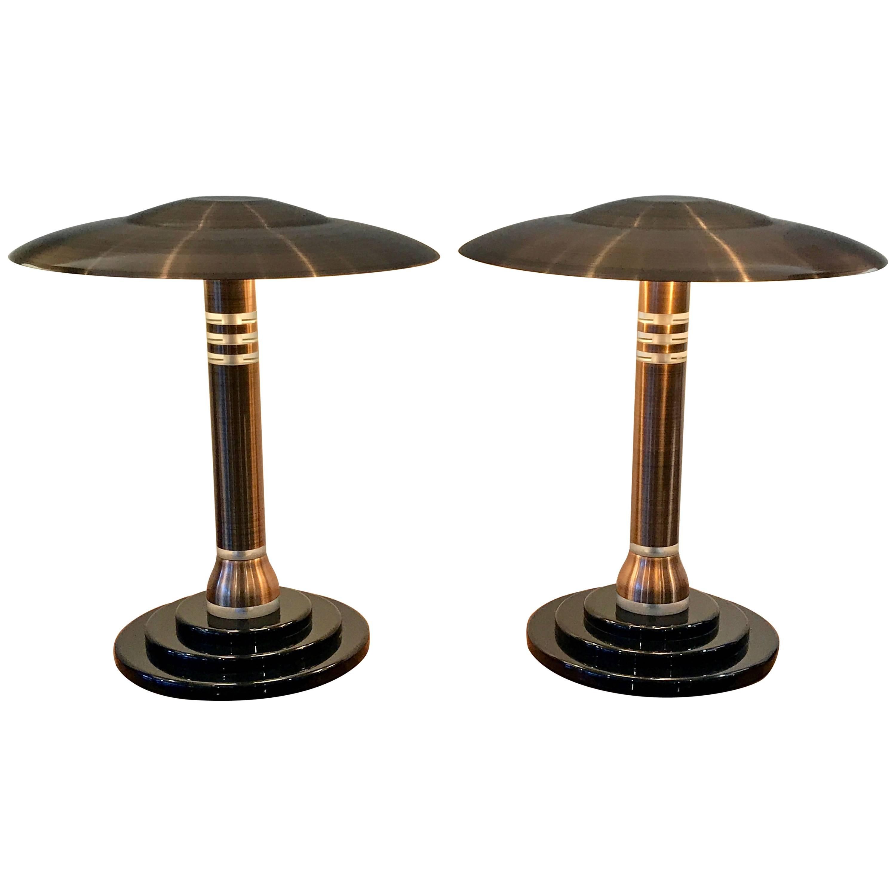 Pair Of Art Deco Style Copper And Lucite Table Lamps, 1980's