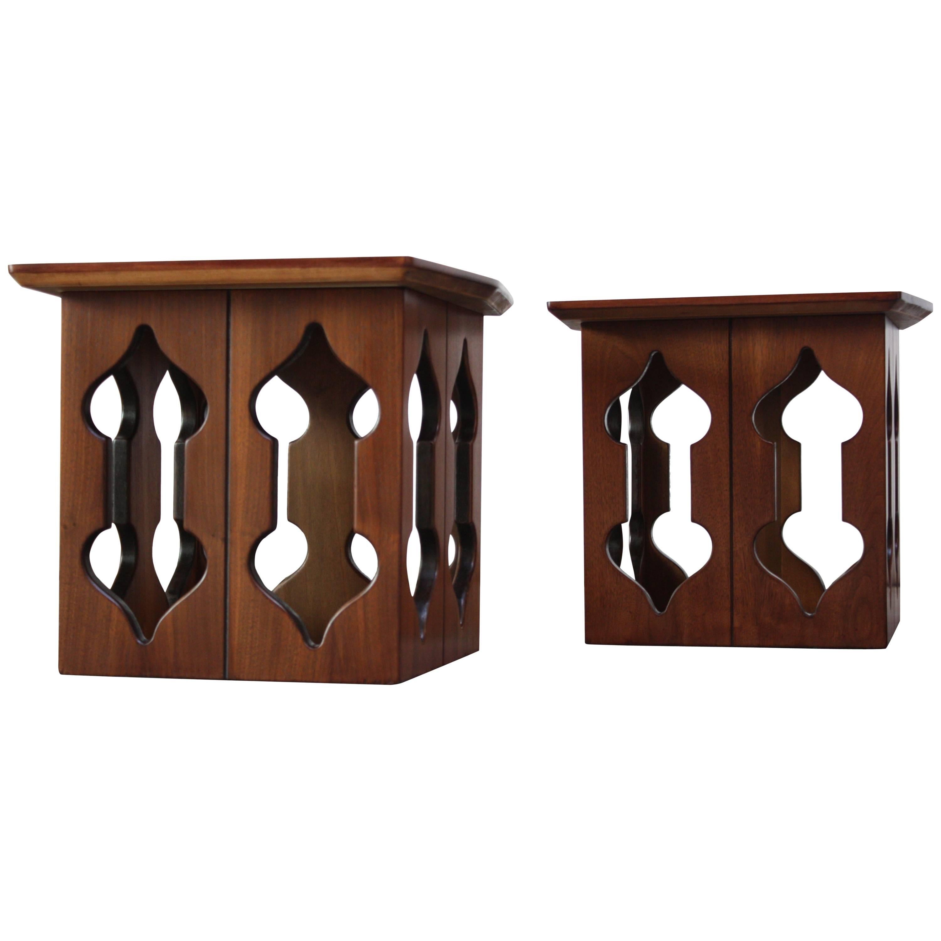 Pair of Vintage Moorish Style Walnut Side Tables with Carved Decoration