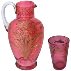 Antique 19th Century Cranberry glass Jug and Beaker. English c 1910