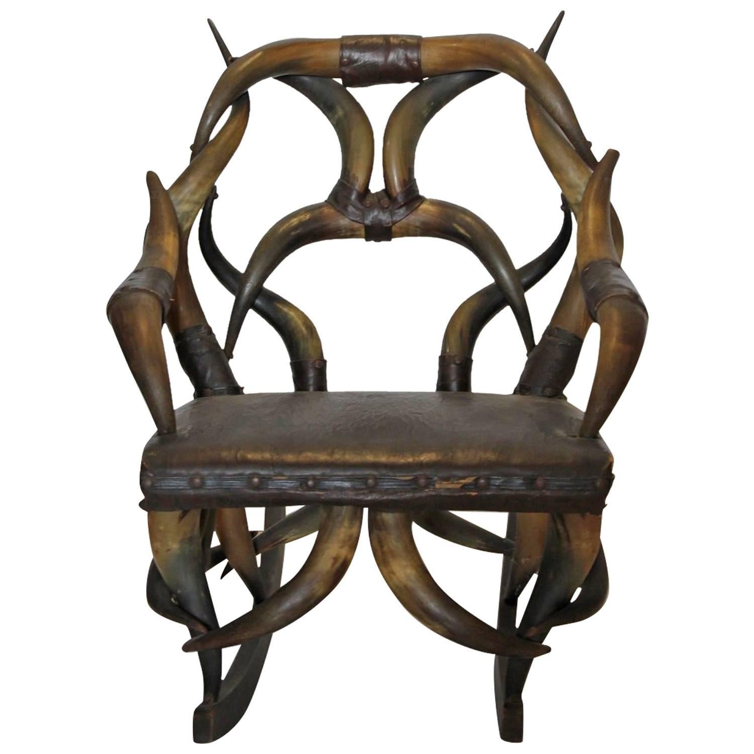 Antique Horn And Leather Rocking Chair For Sale