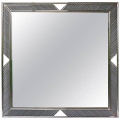 Italian Modern Nickel Mirror with Pearl Gray Murano Glass Baguette Fretwork