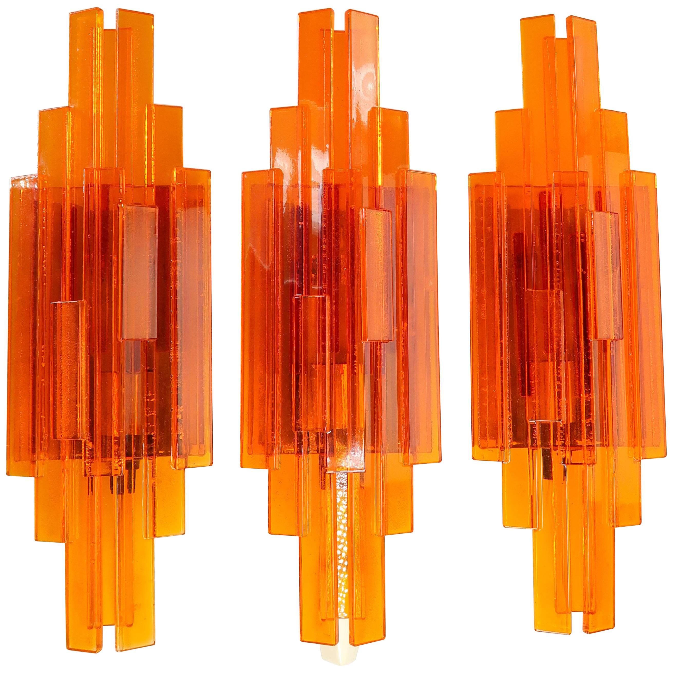 Trio of Danish Space Age Orange Acrylic Wall Lights by Claus Bolby, 1975