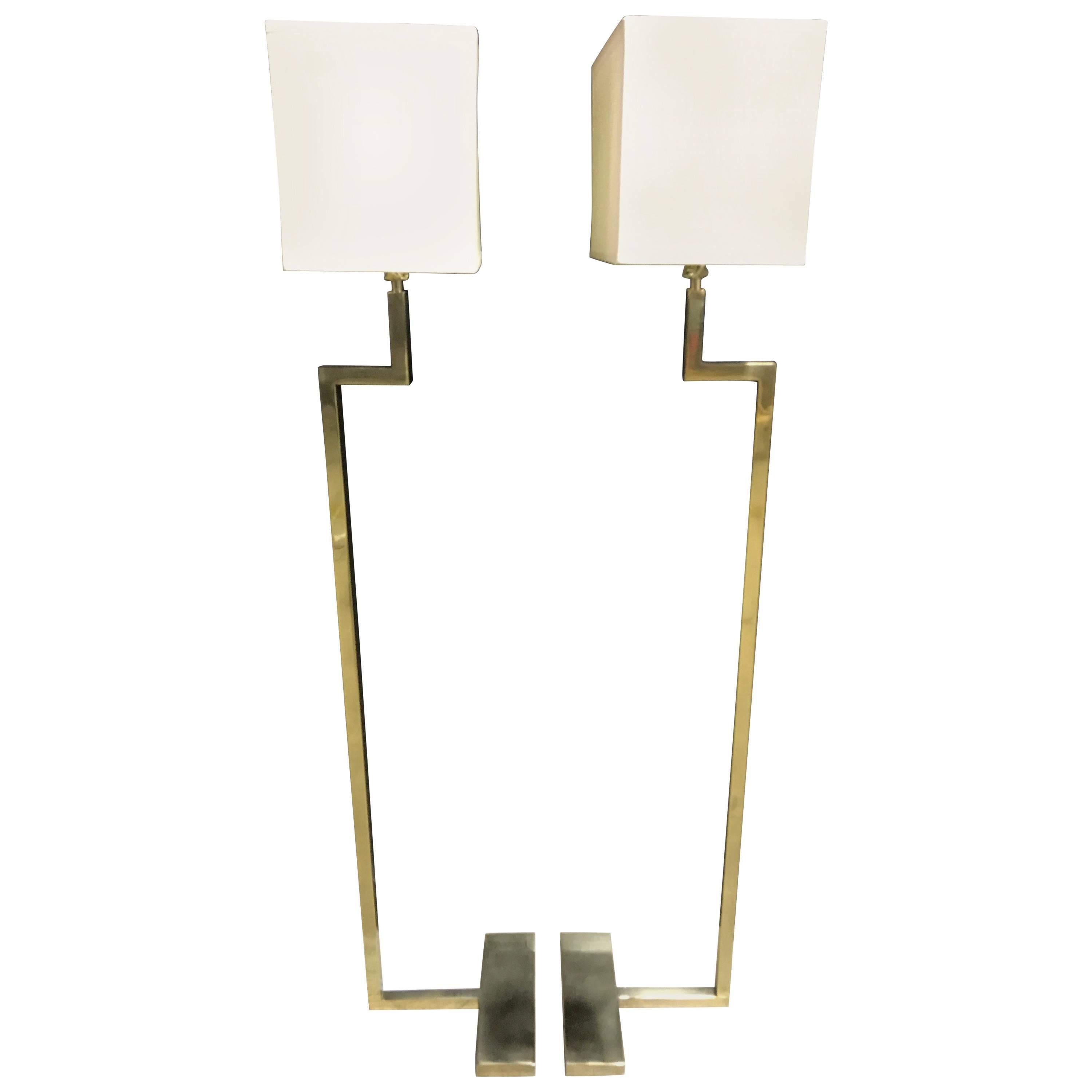 Pair of French Modern Brass Floor Lamps by Jacques Quinet For Sale