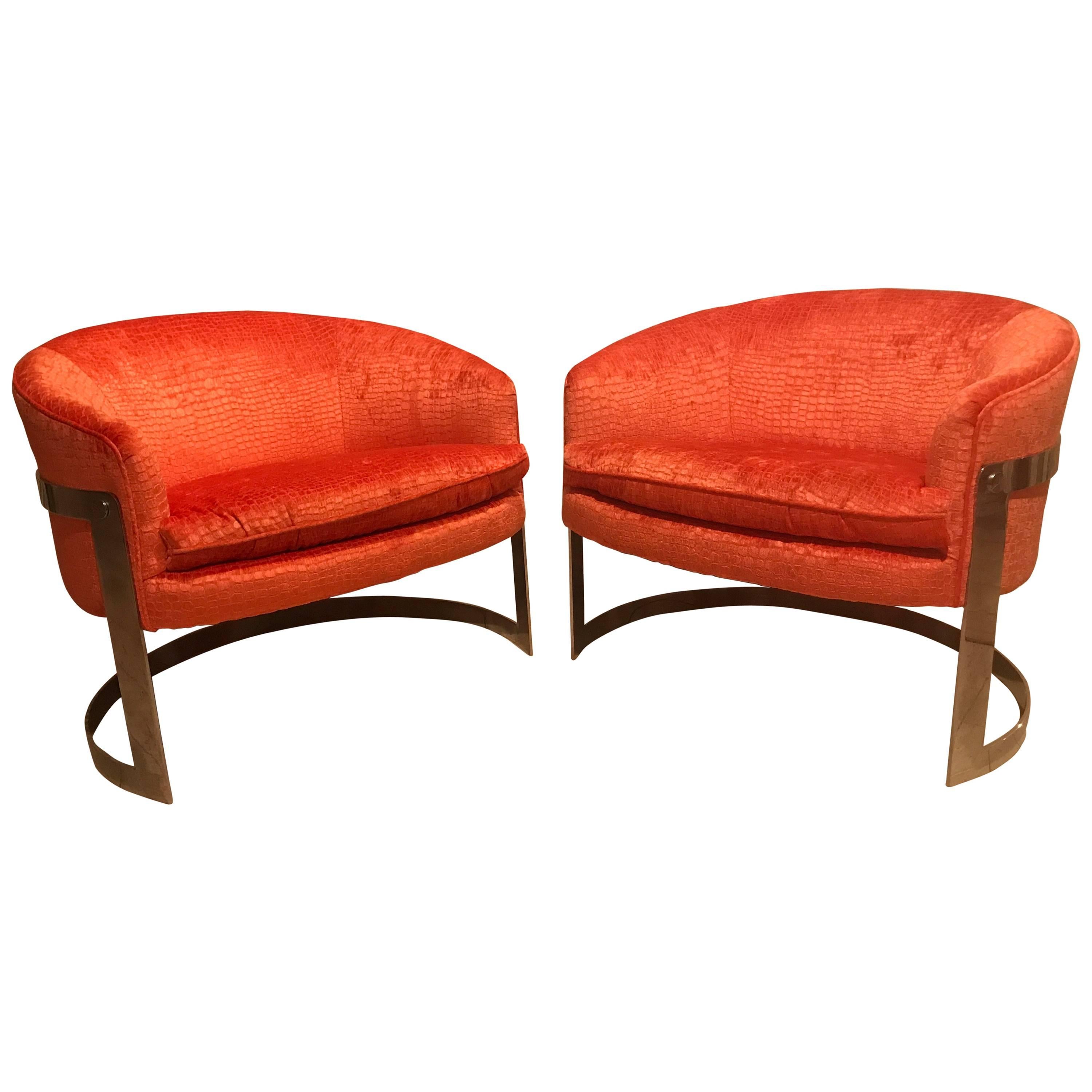 Pair of Exquisite Milo Baughman Chrome Side Chairs in Faux Coral Alligator