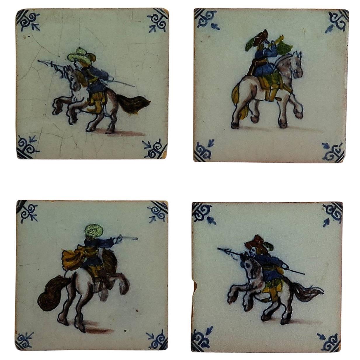Four Delft Ceramic Wall Tiles Military Horse Riders, Hand Painted Ca. 1800