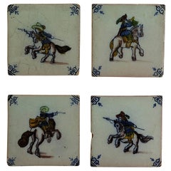 Four Delft Ceramic Wall Tiles Military Horse Riders, Hand Painted Ca. 1800