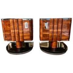 Pair of Art Deco Bedside Tables, Walnut/Black/Metal, France circa 1930