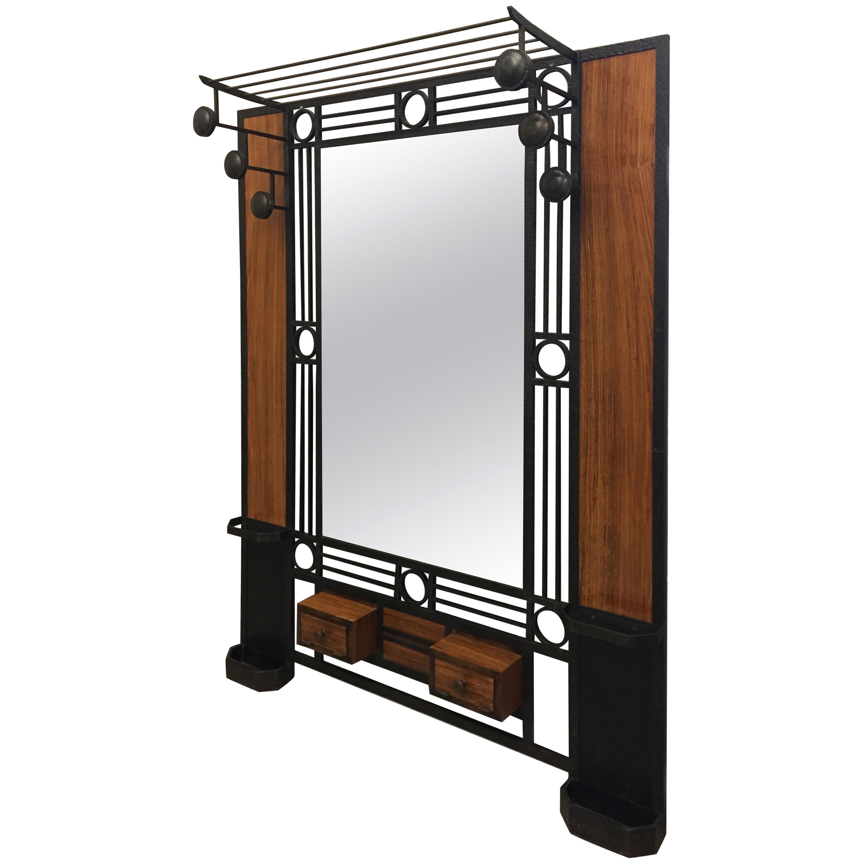 French Hammered Patinated Iron And Mahogany Hall Rack For Sale French Hammered Patinated Iron And Mahogany Hall Rack For Sale