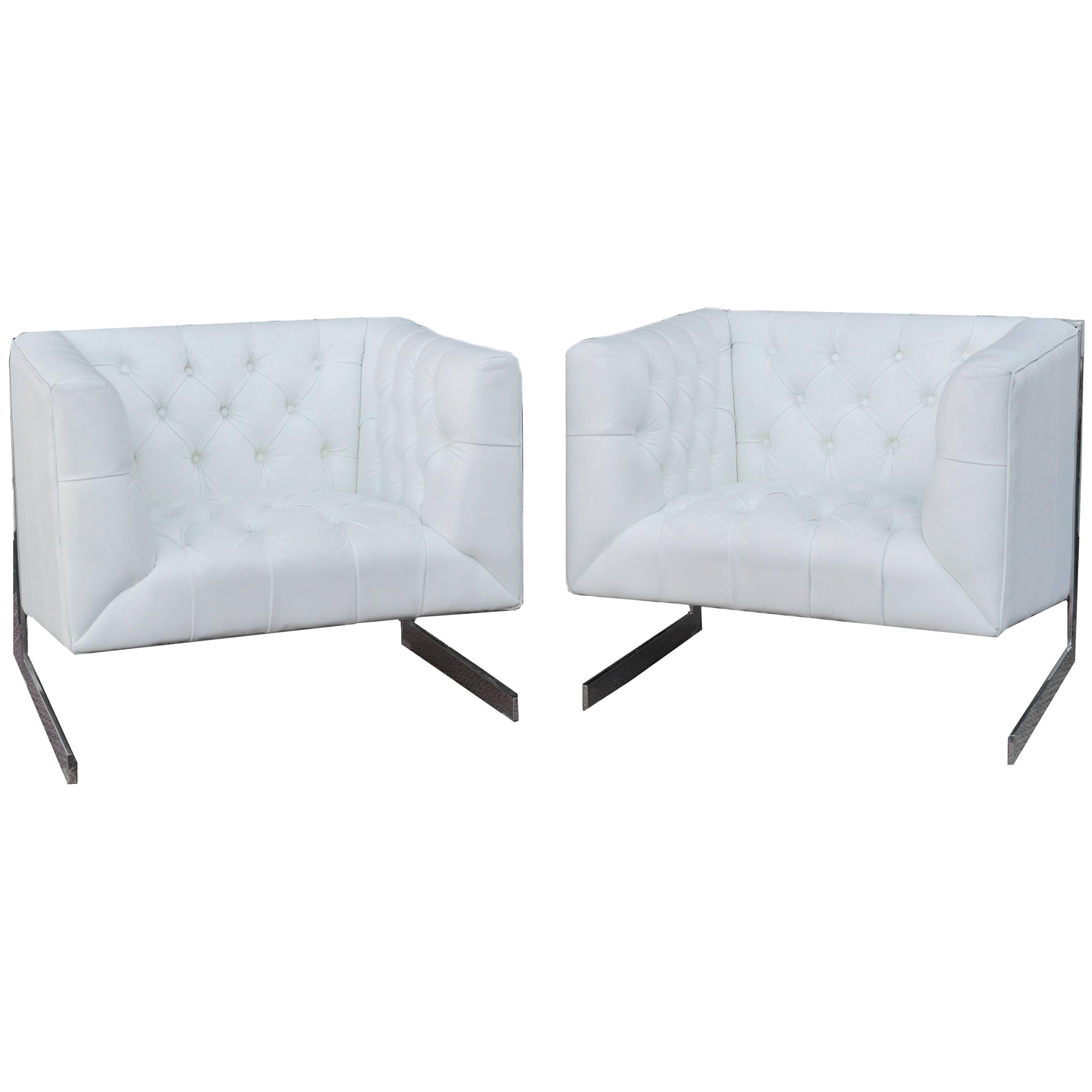 Pair of Milo Baughman Style Cantilever Tufted Lounge Chairs, Mid-Century Modern