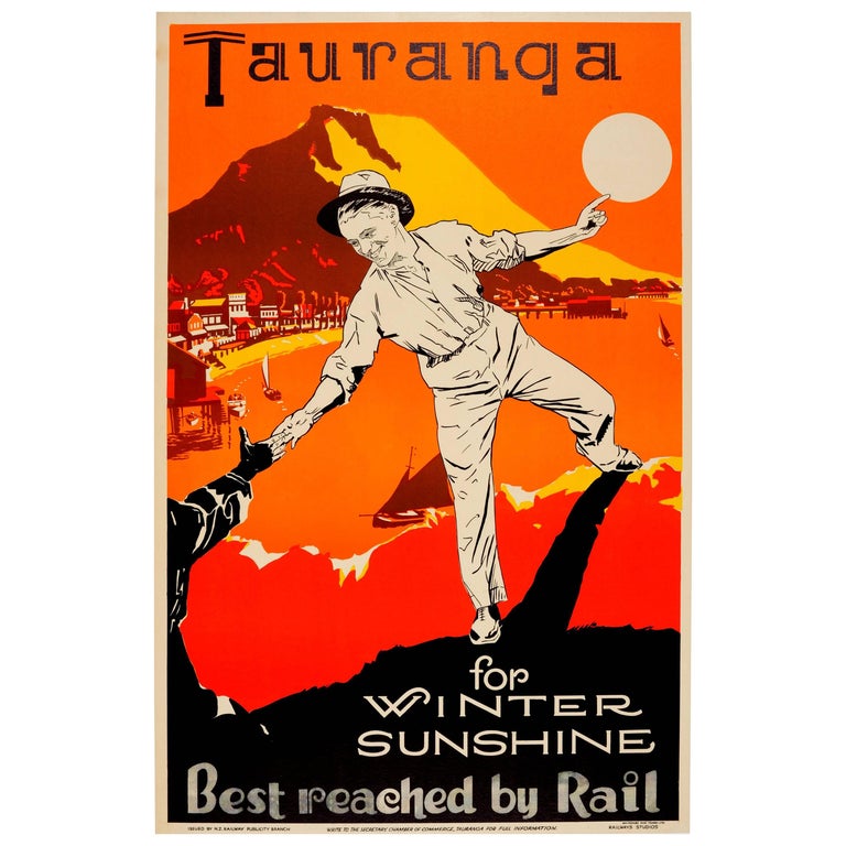 Original Vintage New Zealand Railway Travel Poster Tauranga For Original Vintage New Zealand Railway Travel Poster Tauranga For Winter Sunshine