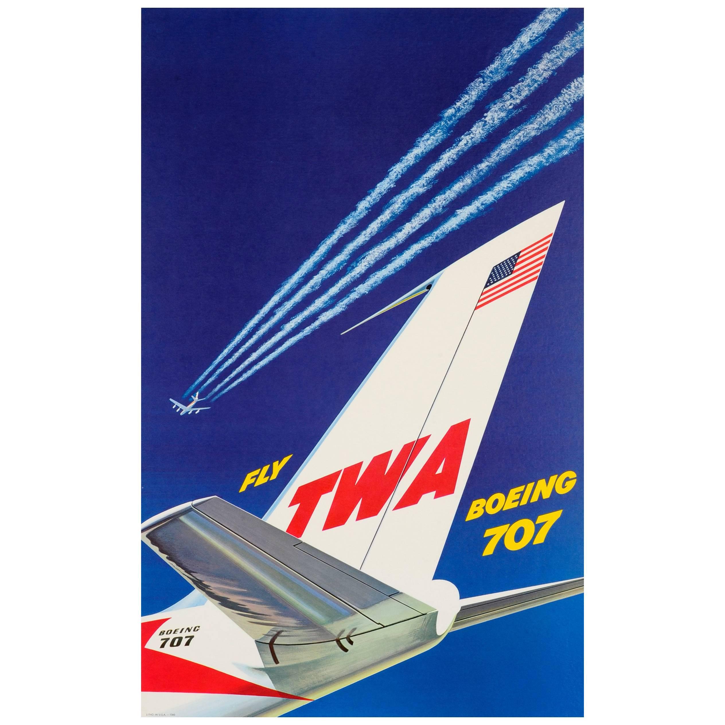 Original Vintage Trans World Airlines Jetliner Travel Poster Fly TWA Boeing 707