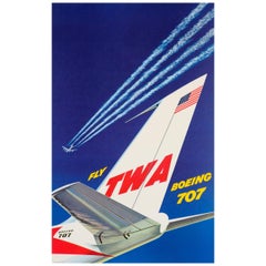 Original Used Trans World Airlines Jetliner Travel Poster Fly TWA Boeing 707