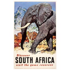 Vintage Original Travel Poster Discover South Africa Visit the Game Reserves Ft Elephant