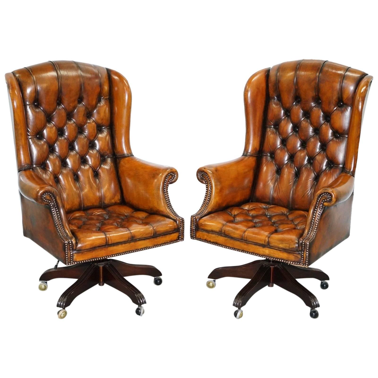 1 of 2 of Matching Chesterfield Wingback Office Chairs Hand-Dyed Brown Leather