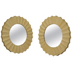 Vintage Pair of Midcentury Parchment Leather and Brass Convex Mirrors, 1960