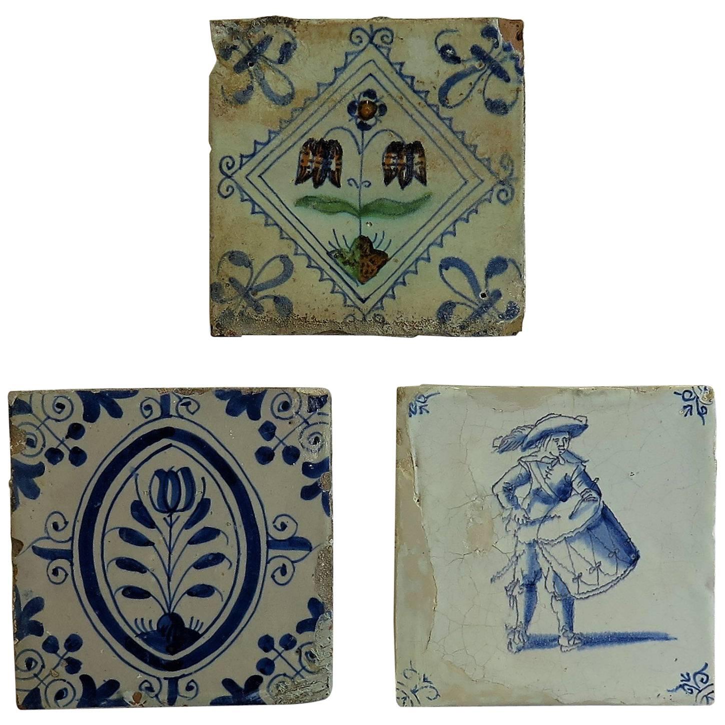 Three 17th Century Delft Ceramic Wall Tiles 1 Polychrome and 2 Blue and White