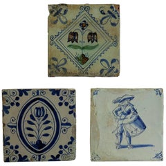 Antique Three 17th Century Delft Ceramic Wall Tiles 1 Polychrome and 2 Blue and White