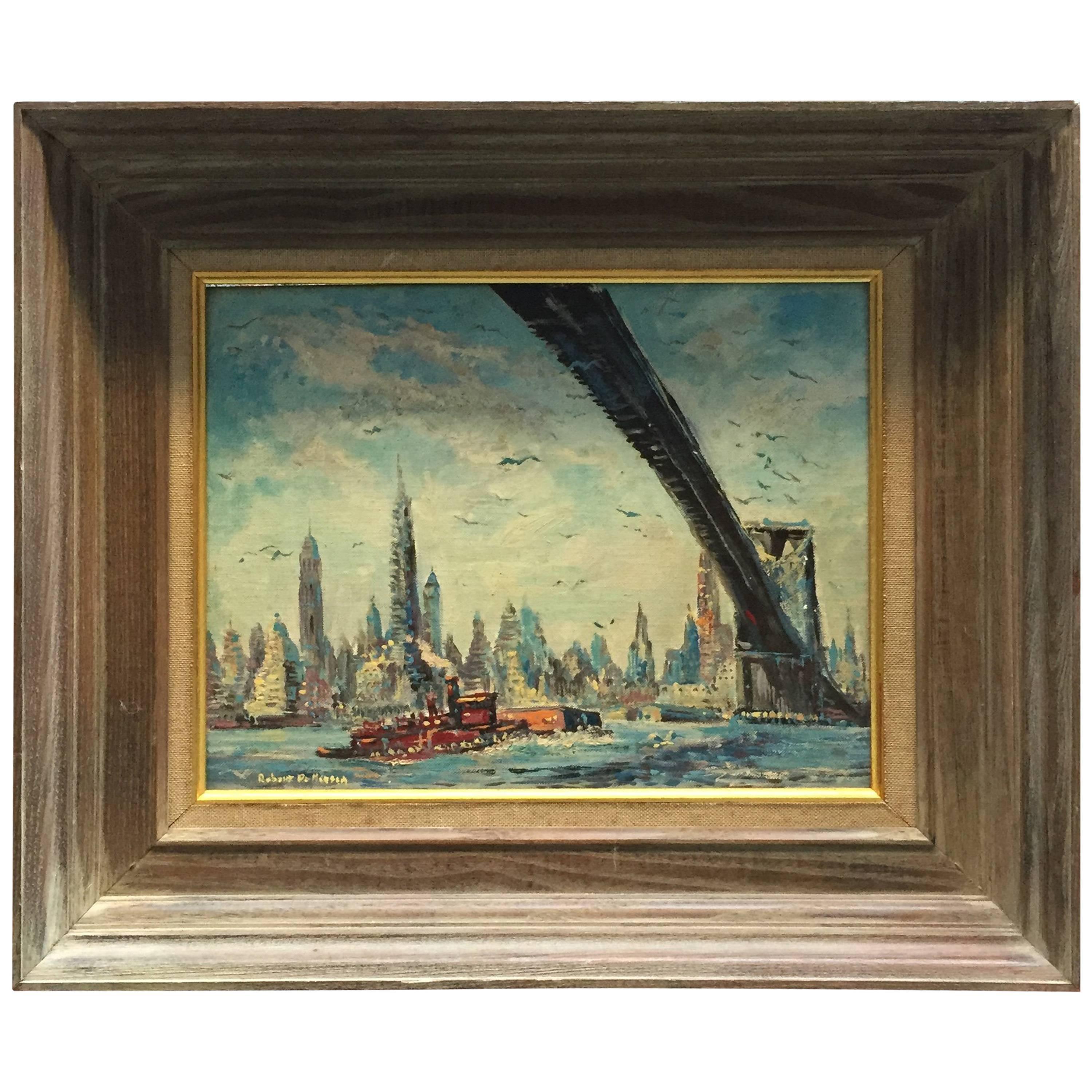 Old New York East River Brooklyn Bridge Cityscape Painting