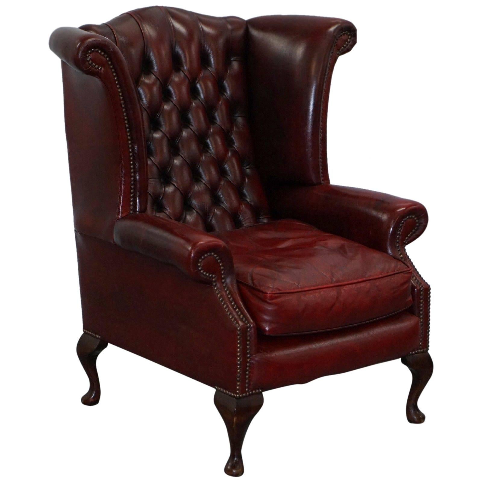 Large Wing Comfortable Chesterfield Oxblood Leather Queen Anne Wingback Armchair