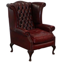 Vintage Large Wing Comfortable Chesterfield Oxblood Leather Queen Anne Wingback Armchair