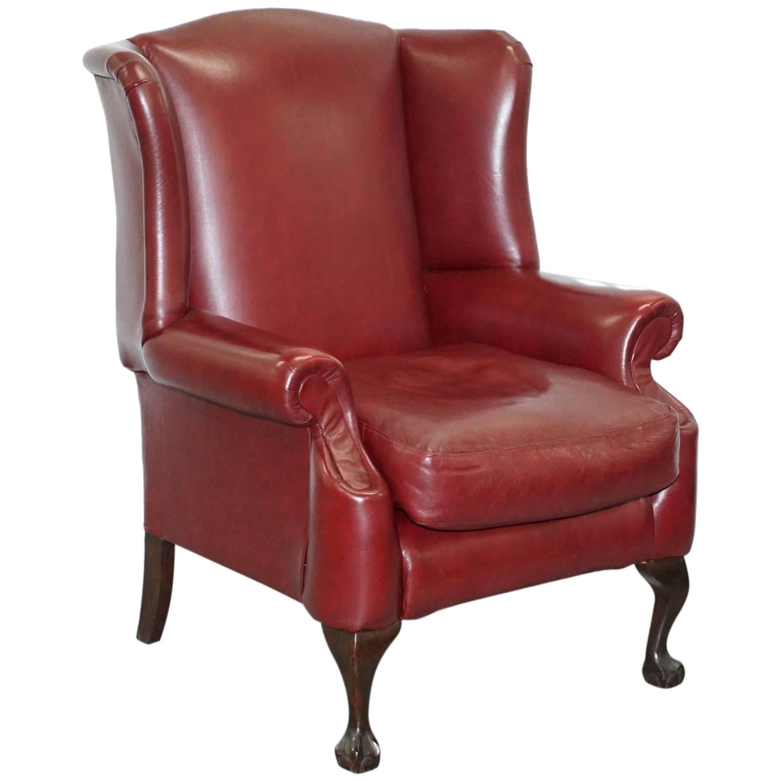 Claw & Ball Feet Large Comfortable Oxblood Leather Queen Anne Wingback Armchair