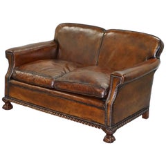 Rare Fully Restored Victorian Whiskey Brown Leather Club Sofa Claw and Ball Feet