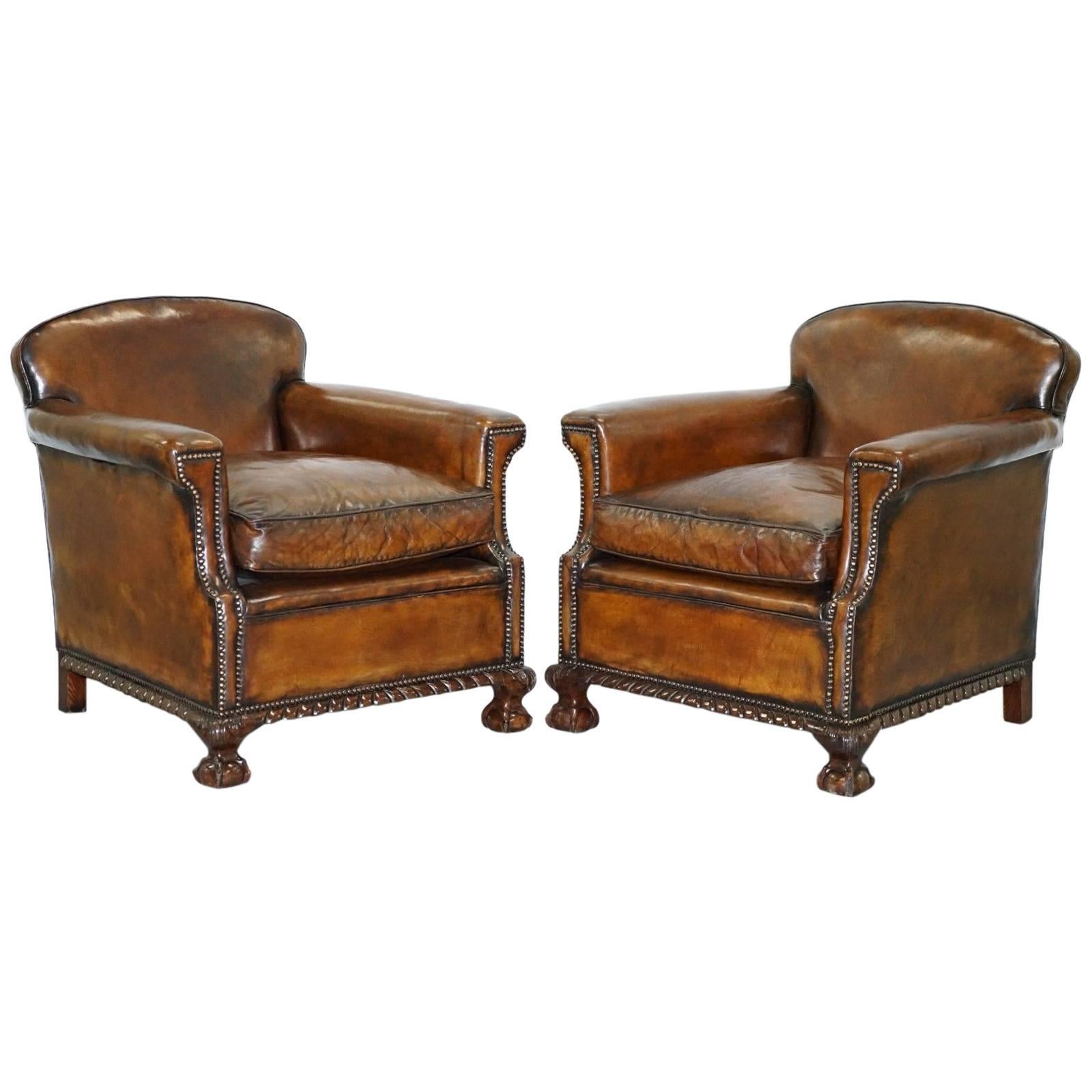 Pair of Restored Victorian Whiskey Brown Leather Club Armchairs Claw & Ball Feet