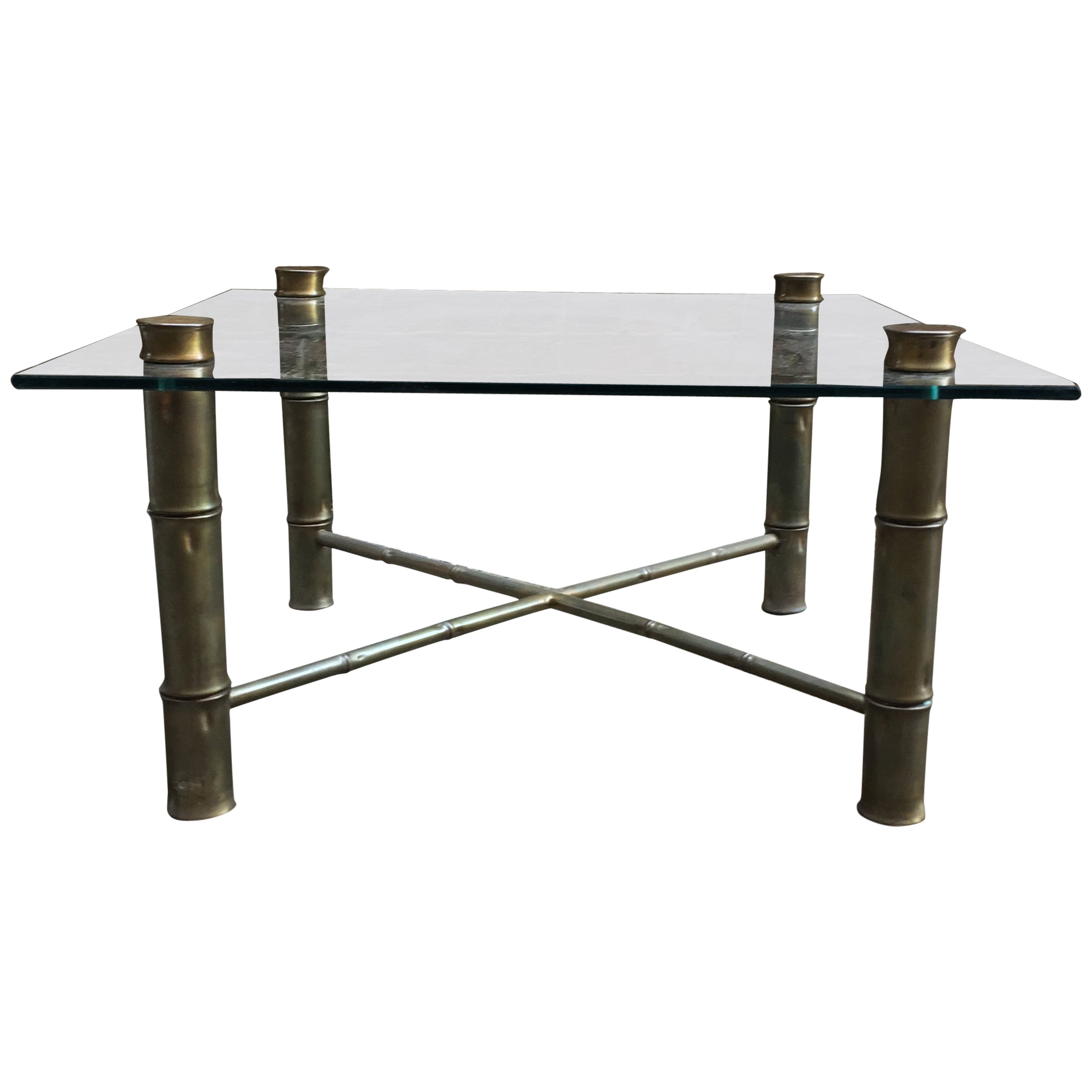 Vintage Faux Bamboo Coffee Table with Ornate Brass and Glass Top For