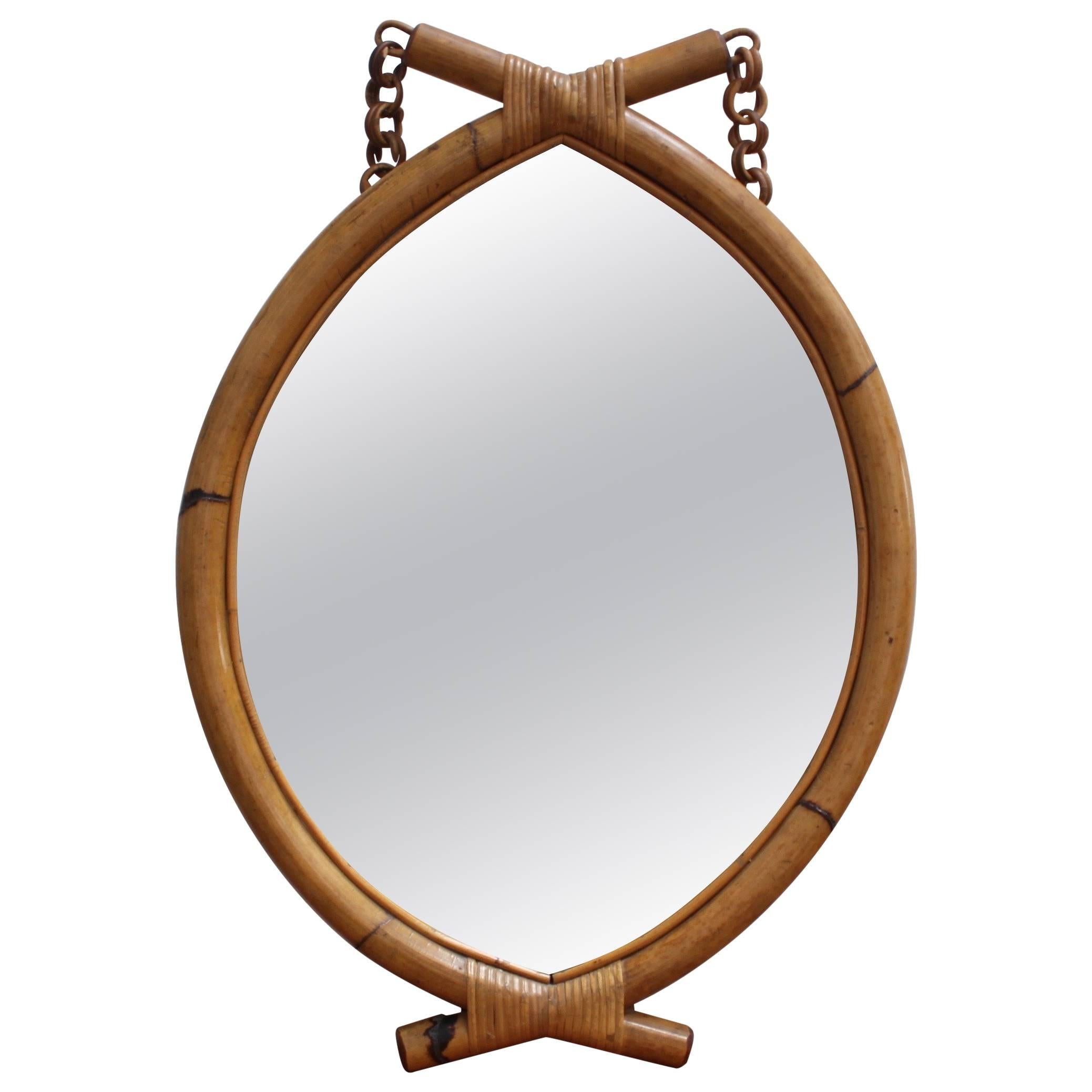 Italian 'Eye-Shaped' Style Bamboo and Rattan Mirror with Hanging Chain