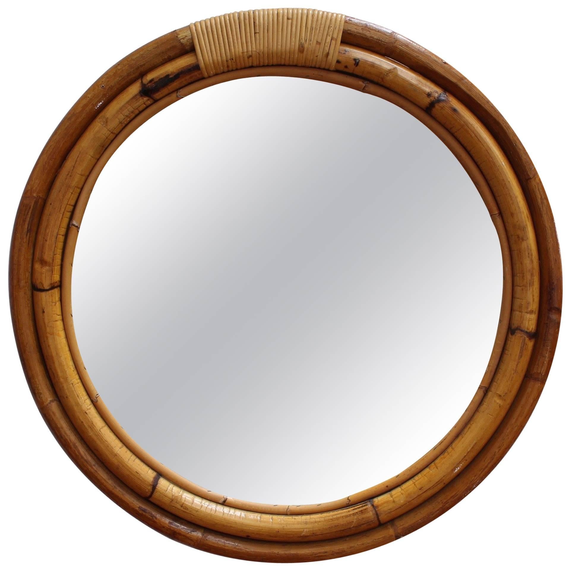 Italian 'Porthole' Style Bamboo and Rattan Mirror (circa 1960s)