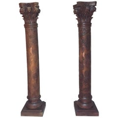 Early 20th Century Pair of Carved Wood Column with Wine Grapes and Vine Leaves