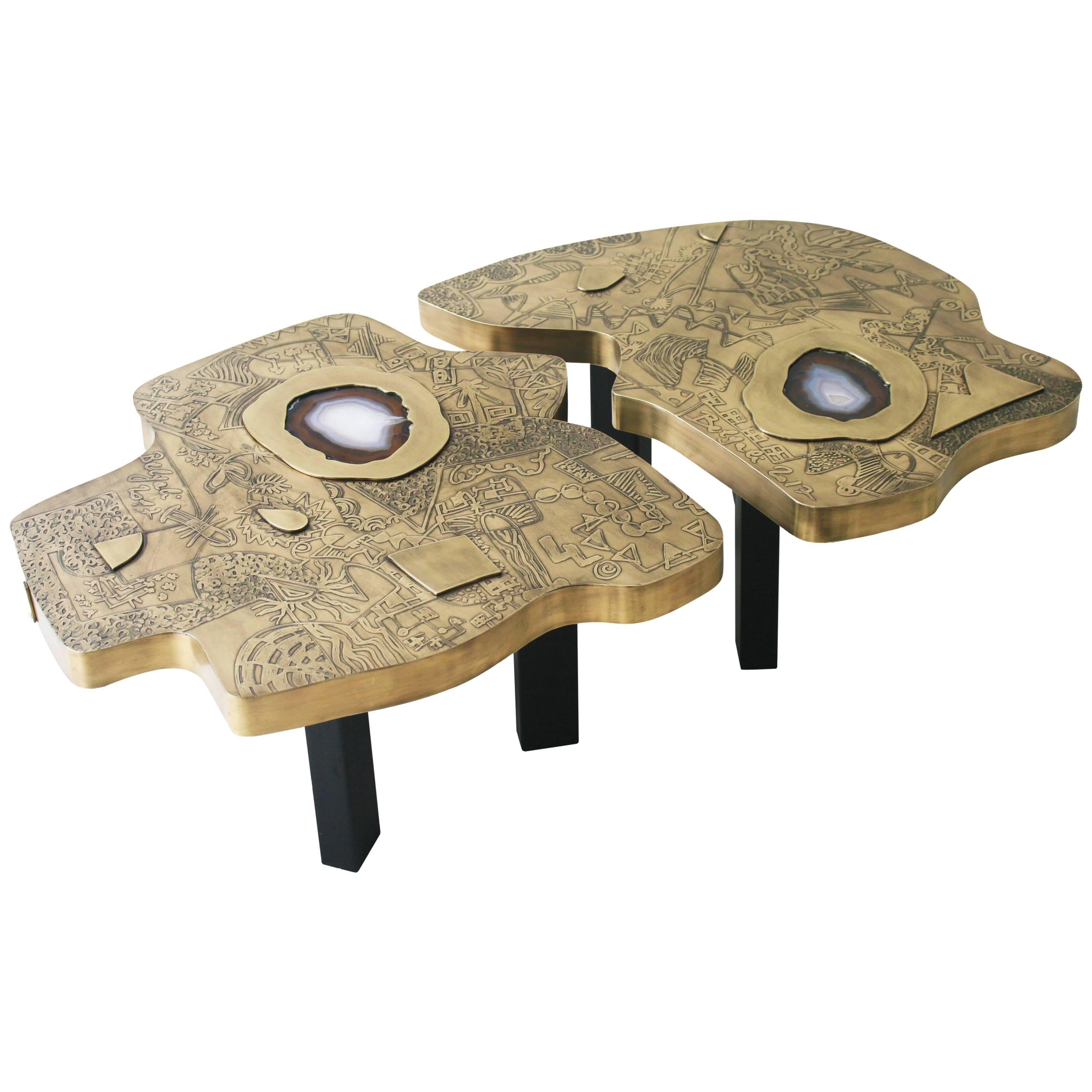 Two Matching Coffee Tables, Patinated Acid Etched Brass and Agate Slices For Sale