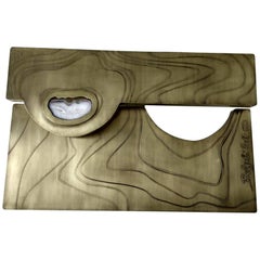 Coffee Table, Patinated Acid Etched Brass and Agate Slice Organic