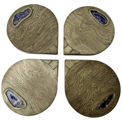 Four Matching Coffee Tables, Patinated Acid Etched Brass, Agate Slices, Trefle