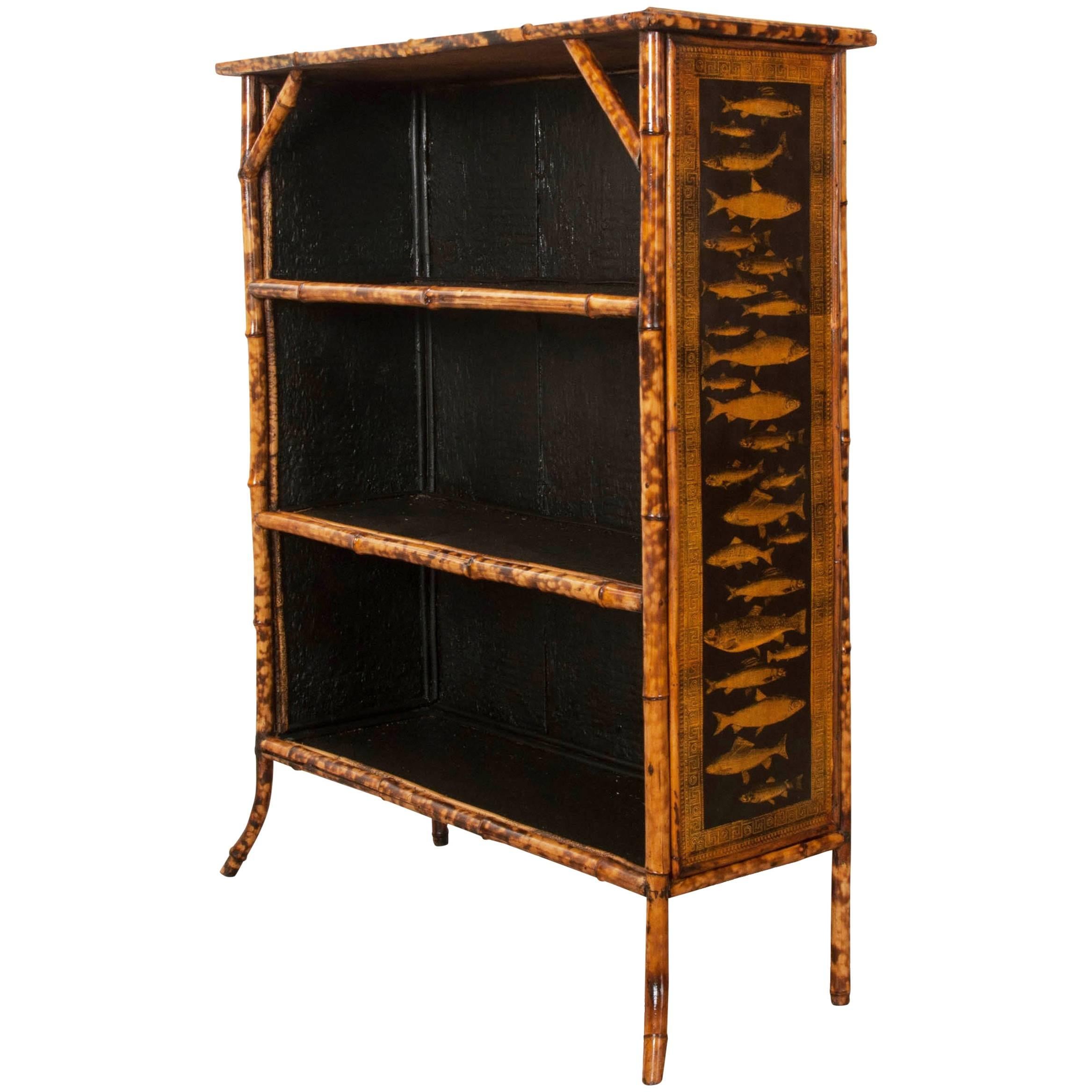 English 19th Century Bamboo Découpage Fish Bookcase