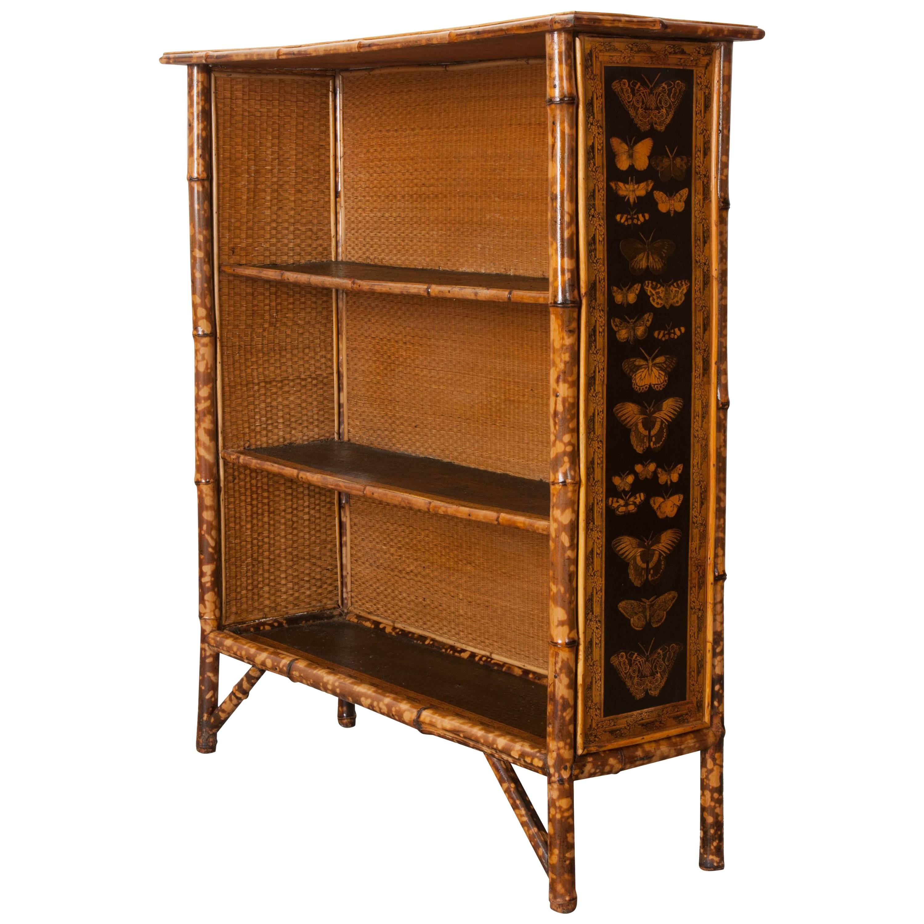 English 19th Century Bamboo Découpage Moth Bookcase